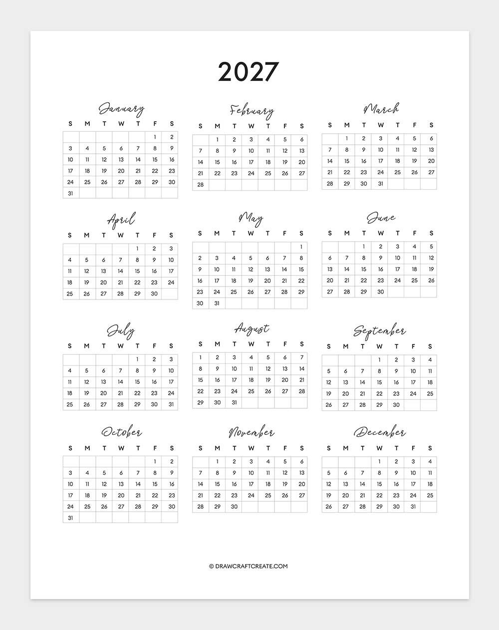 2027 Yearly Calendar Printable