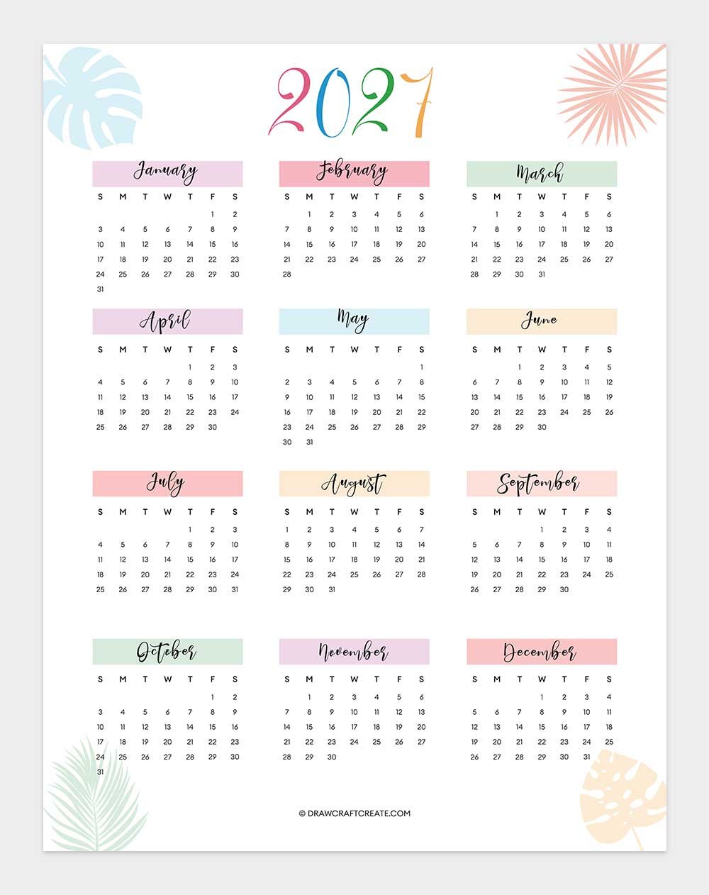 2027 Yearly Calendar Printable