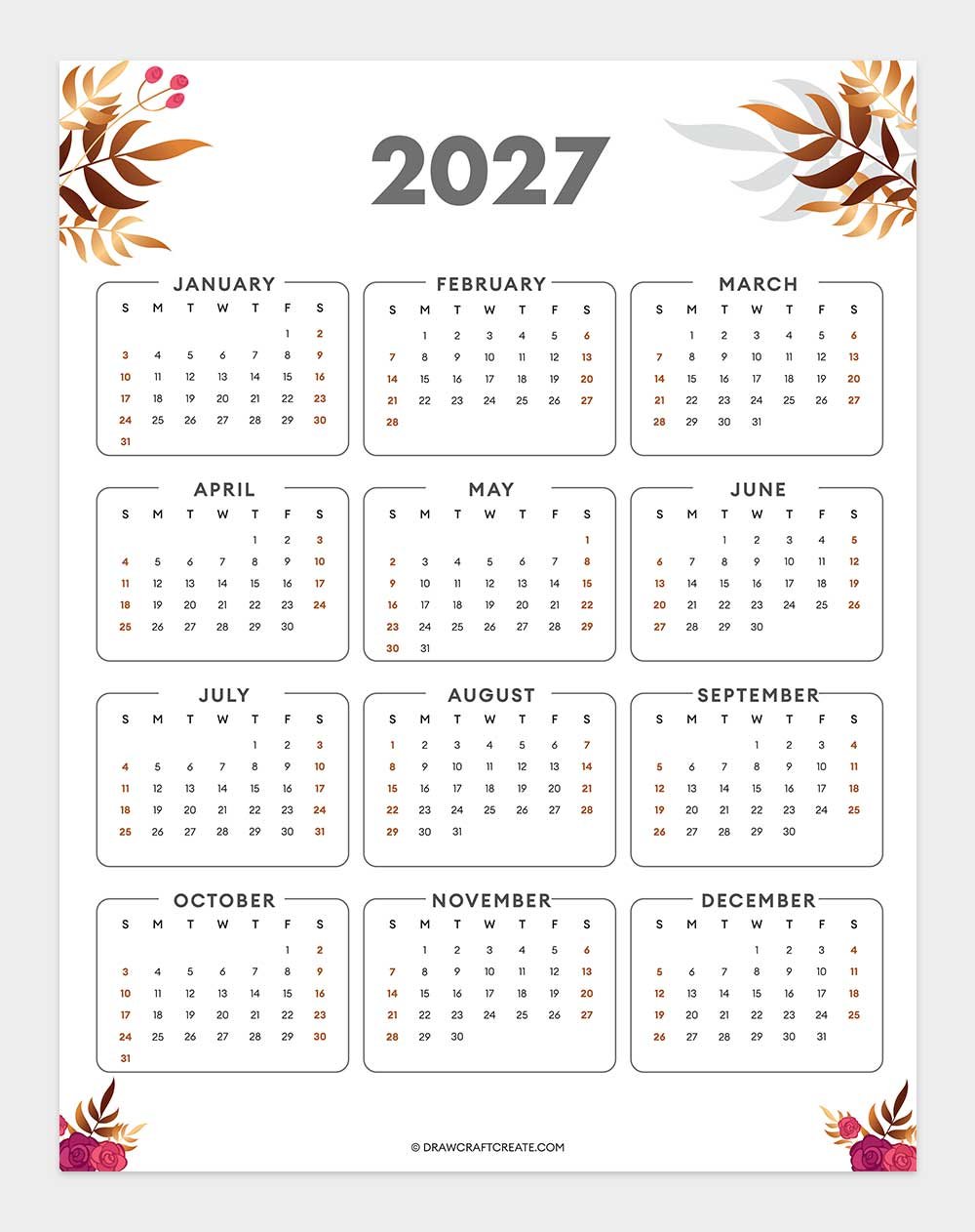 2027 Yearly Calendar Printable