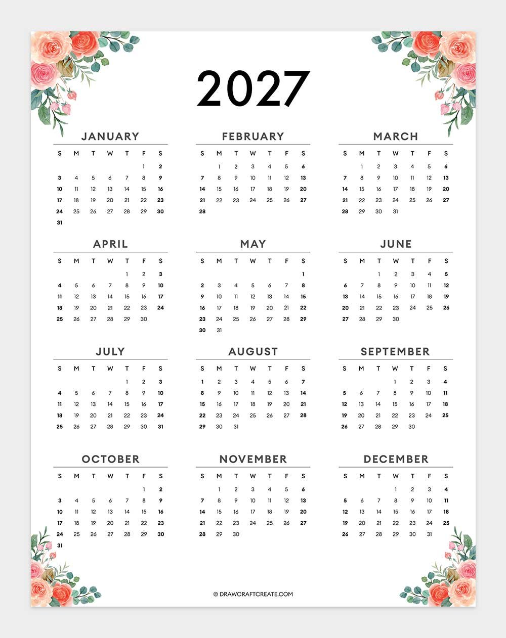 2027 Yearly Calendar Printable