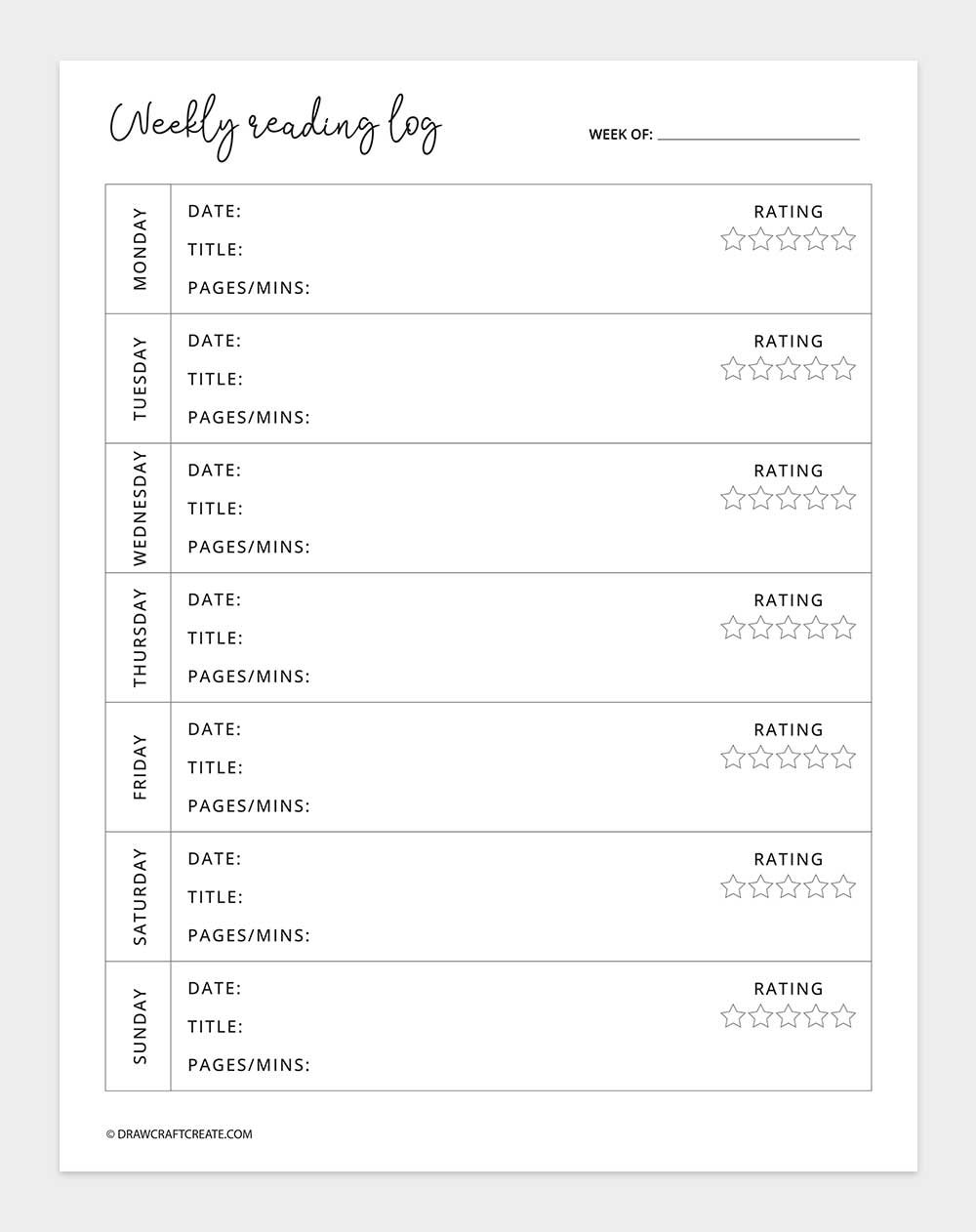 weekly reading log