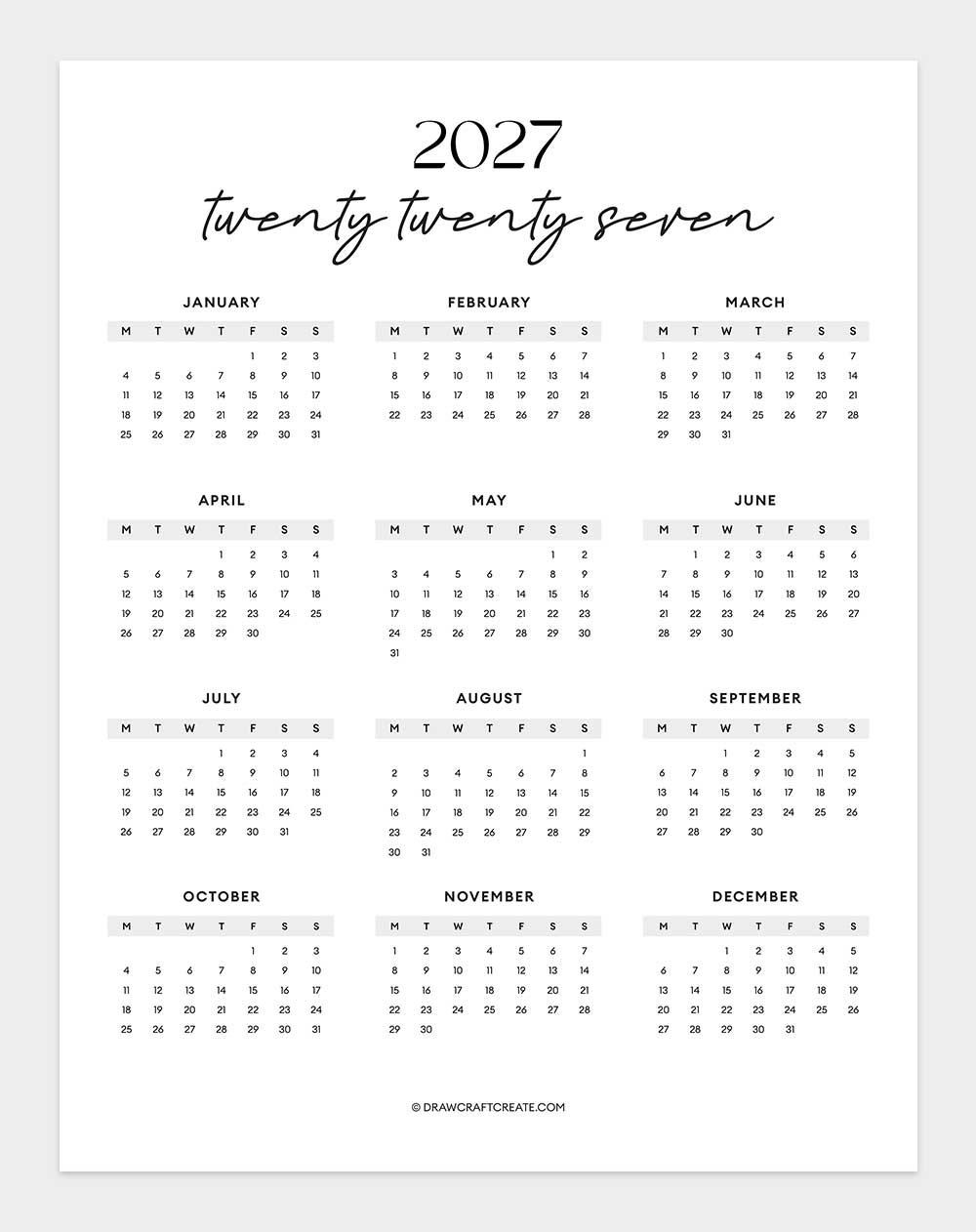2027 yearly calendar template