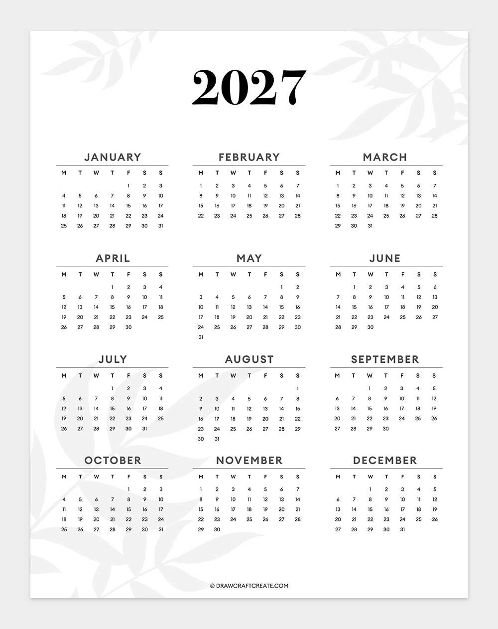 2027 yearly calendar template