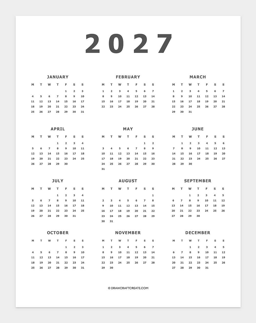 2027 yearly calendar template