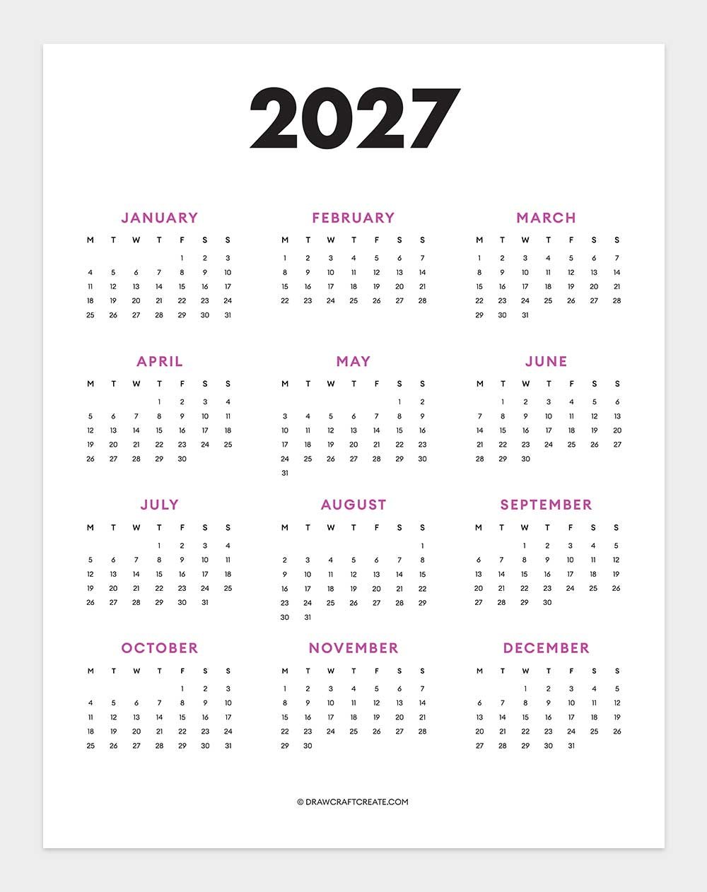 2027 yearly calendar template