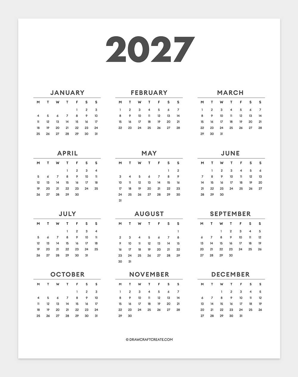 2027 yearly calendar template
