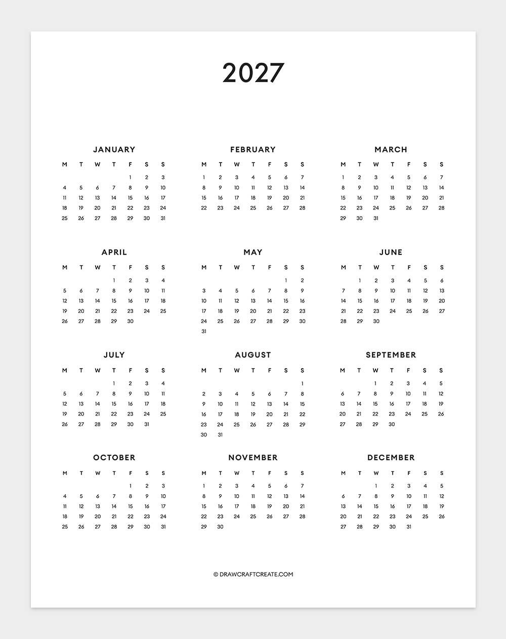 2027 yearly calendar template
