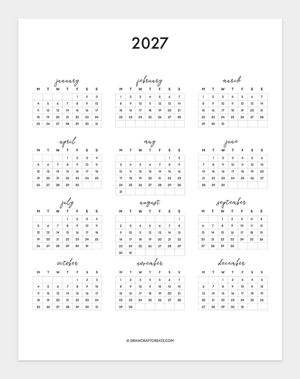 2027 yearly calendar template
