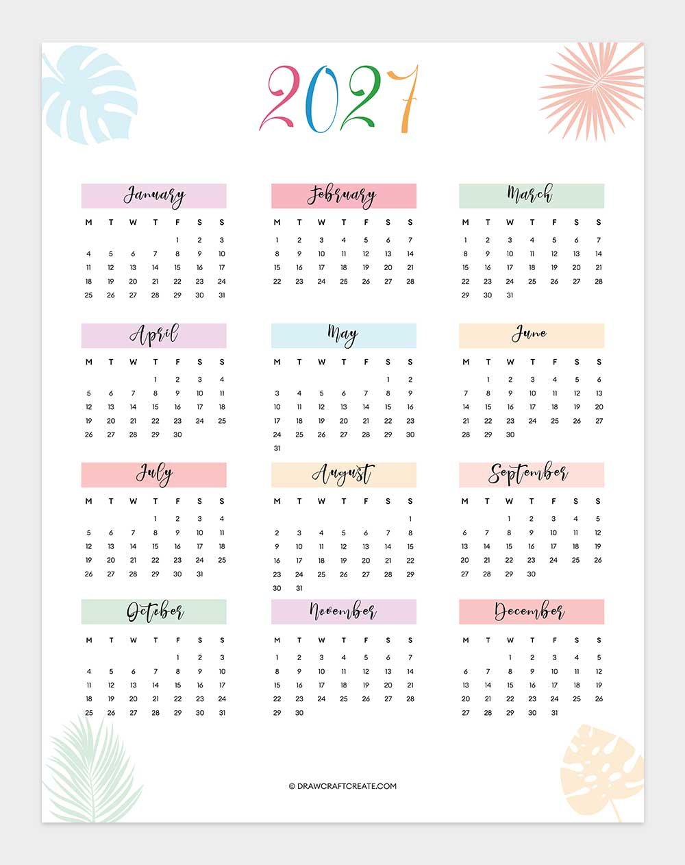 2027 yearly calendar template