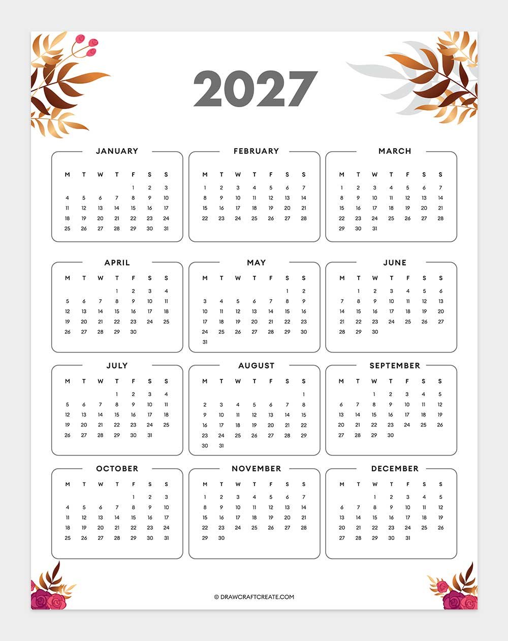 2027 yearly calendar template