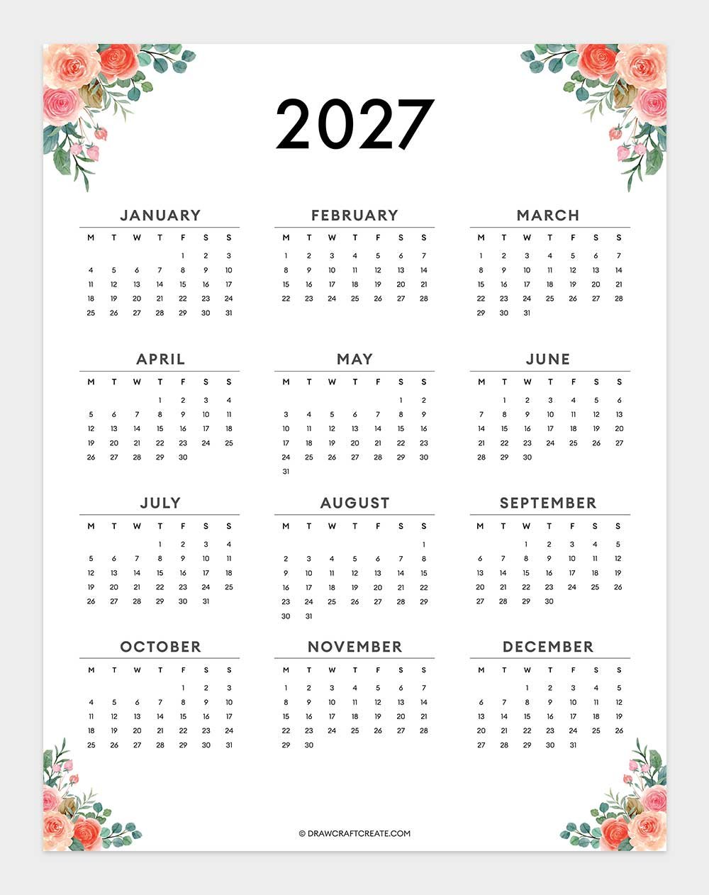 2027 yearly calendar template