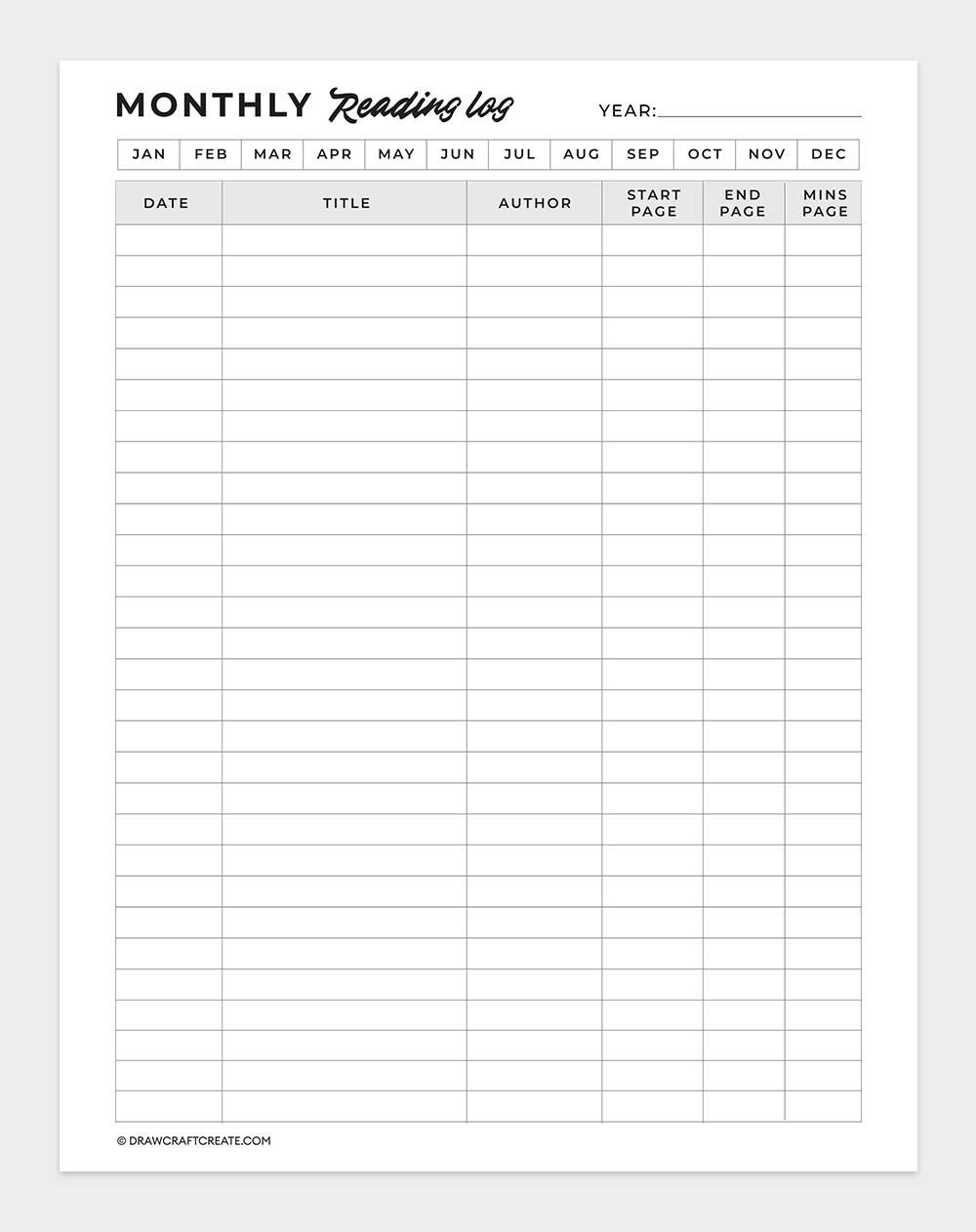 monthly reading log