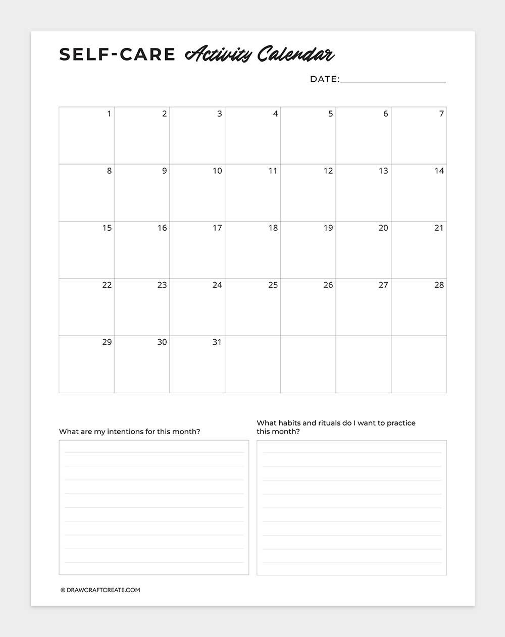 self care activity calendar