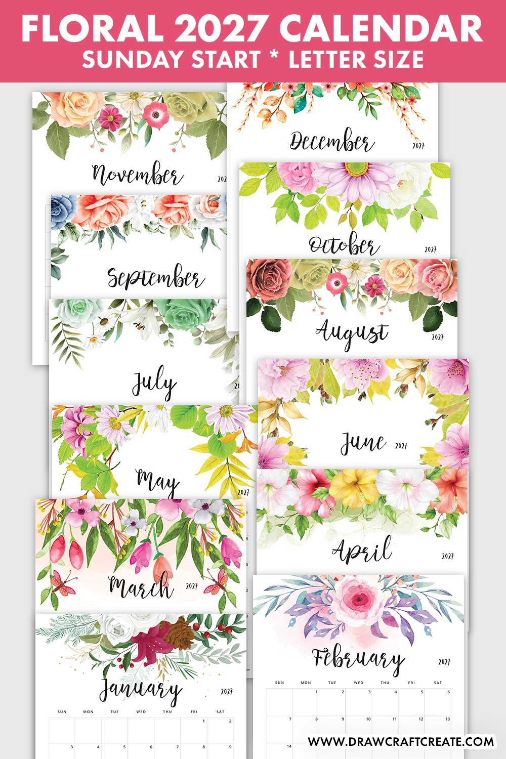 Free Printable 2027 Floral Calendar