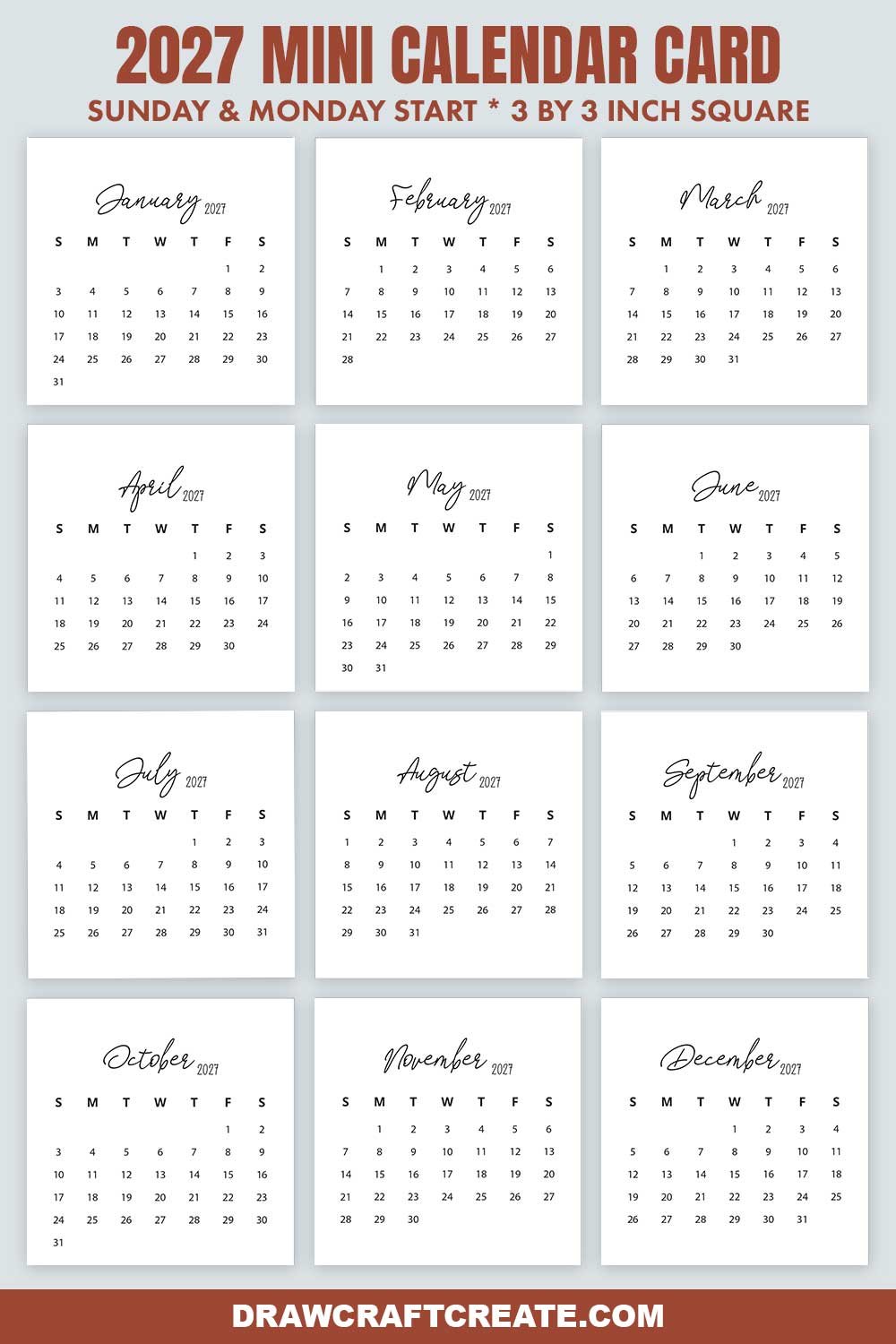 2027 Mini Calendar Card