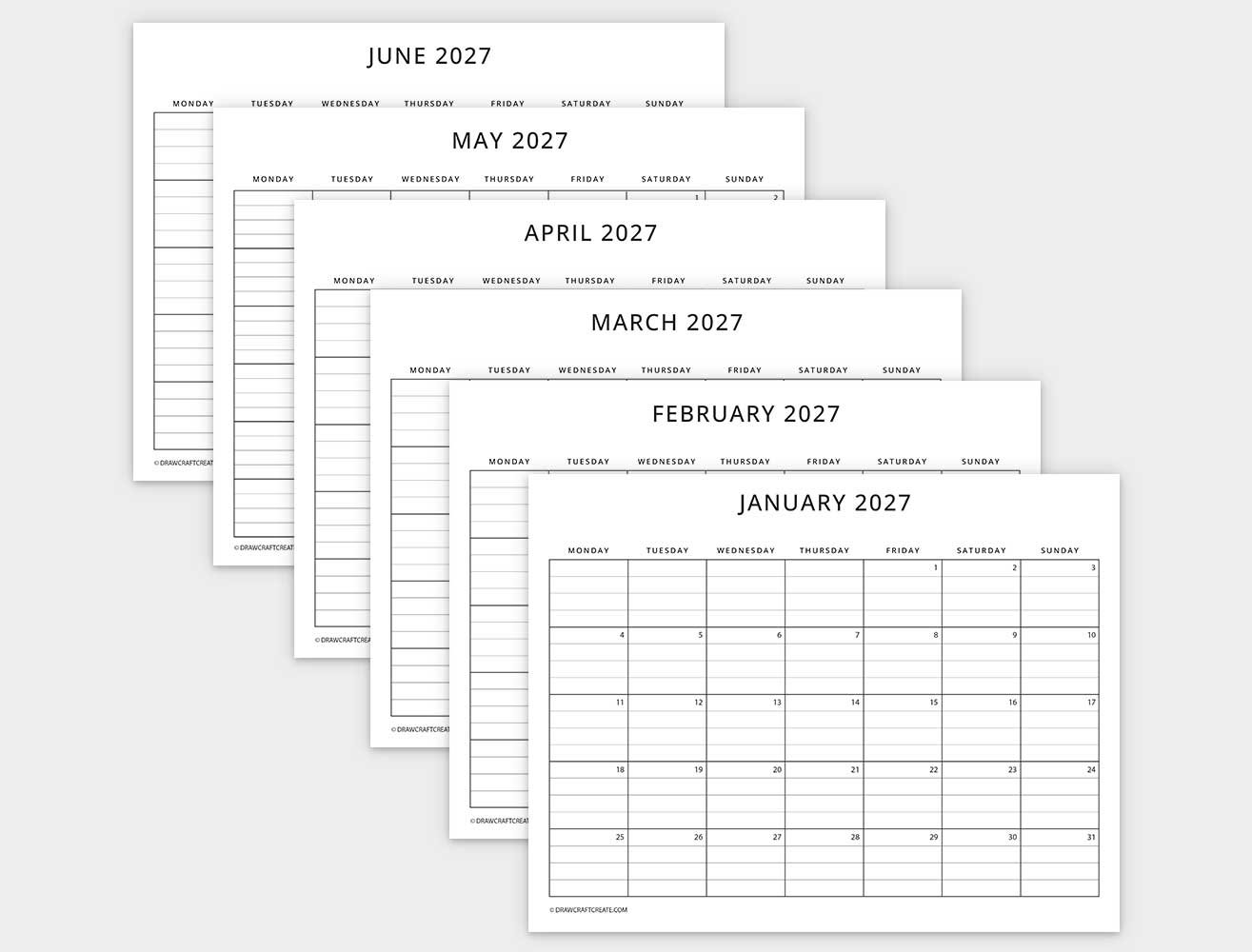 2027 Monthly Calendar With Lines Monday Start