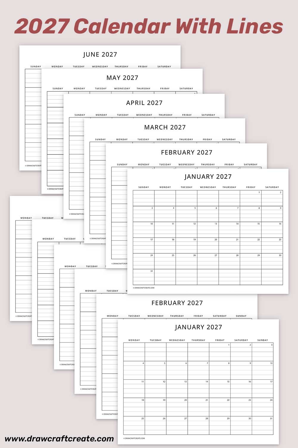 2027 Monthly Calendar With Lines