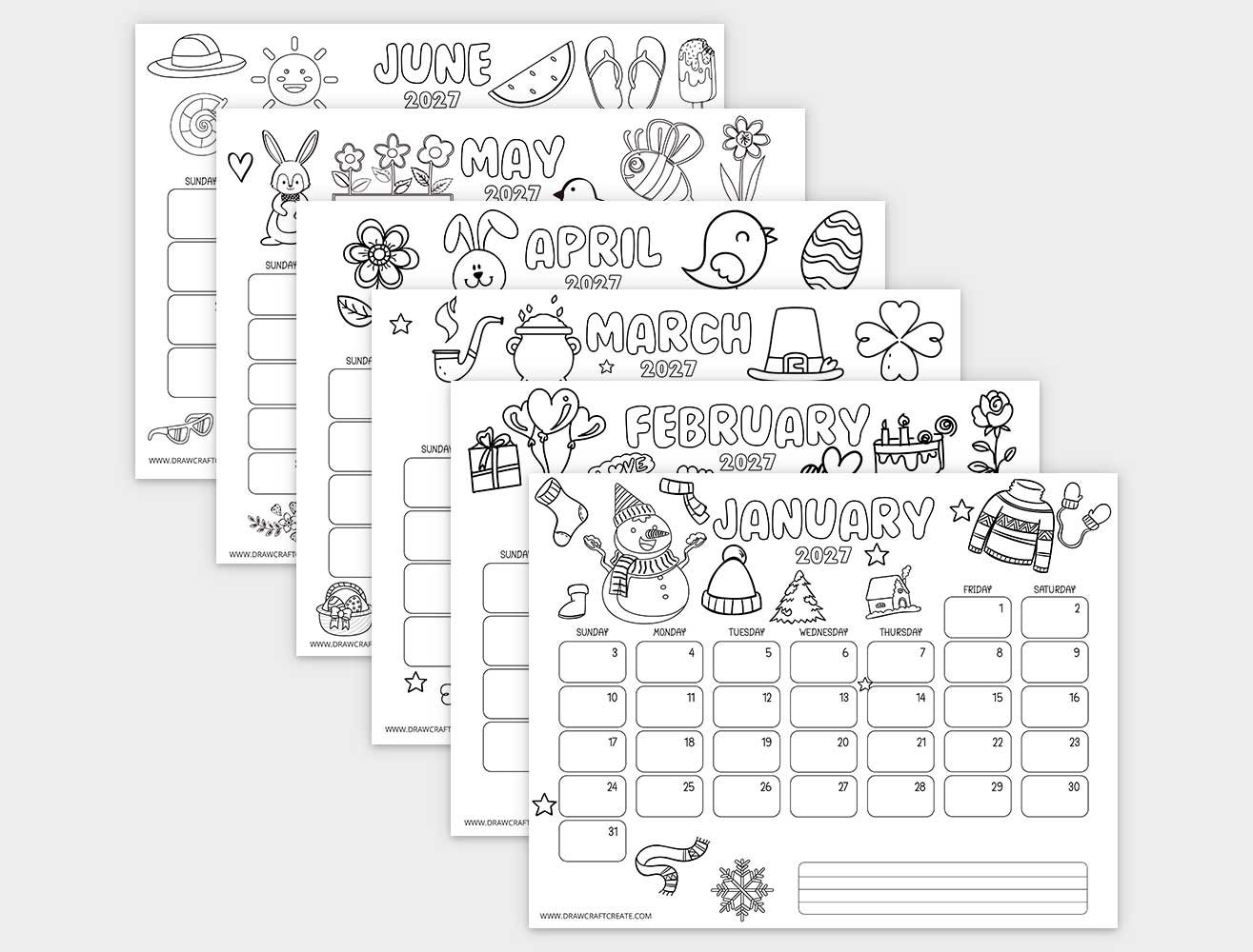 Printable 2027 Coloring Calendar For Kids Horizontal