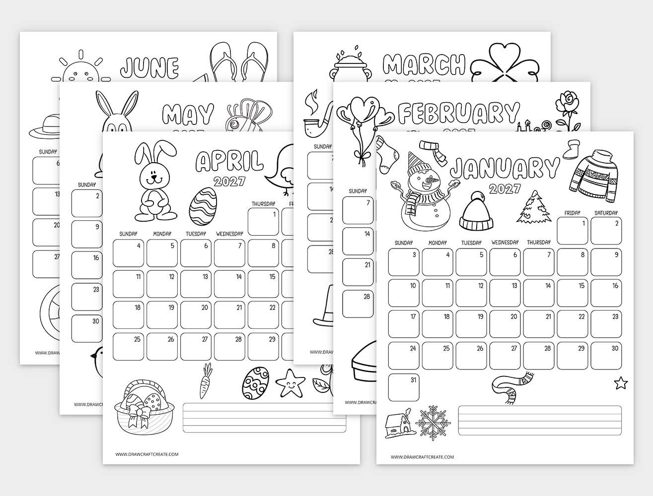 Printable 2027 Coloring Calendar For Kids Vertical