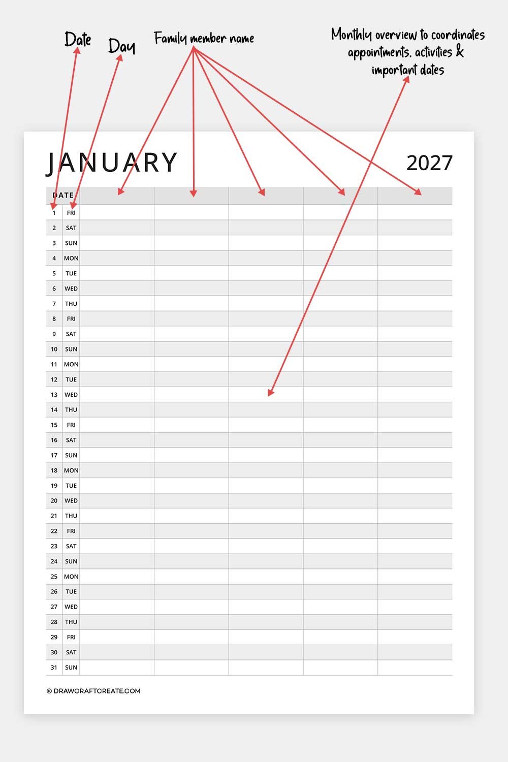 Printable 2027 Family Calendar