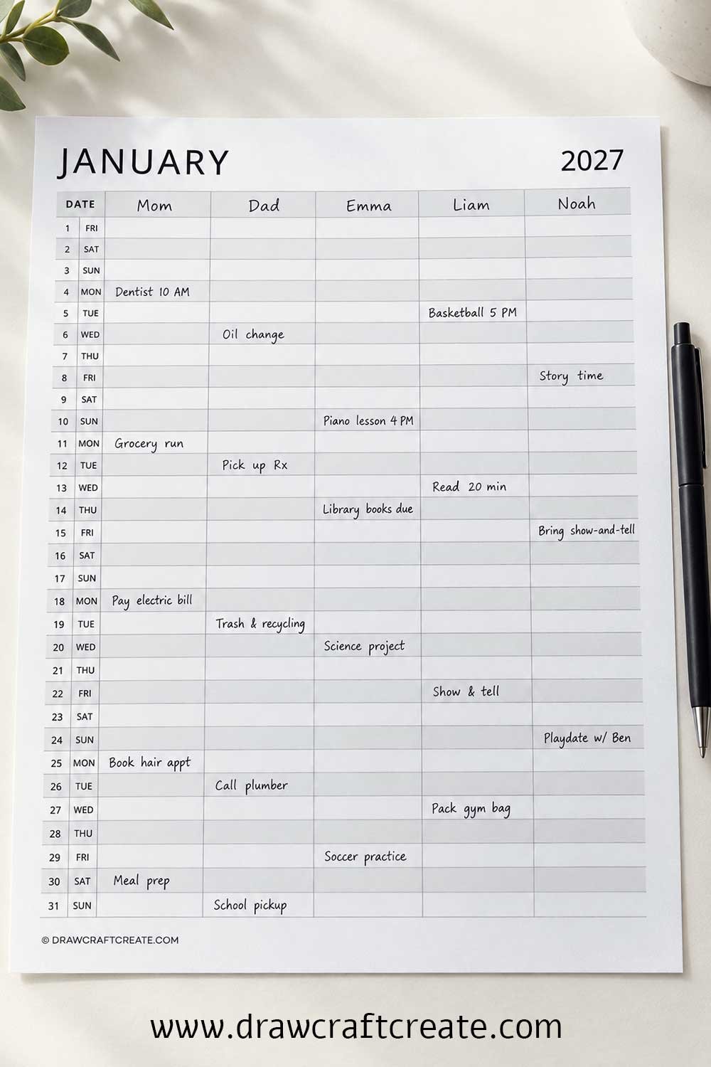 Printable 2027 Family Calendar