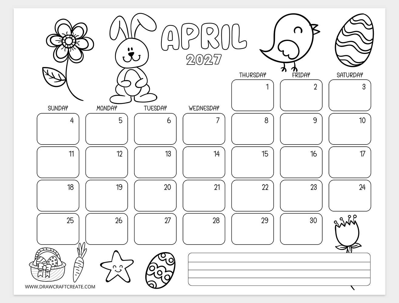 april 2027 kids coloring calendar horizontal