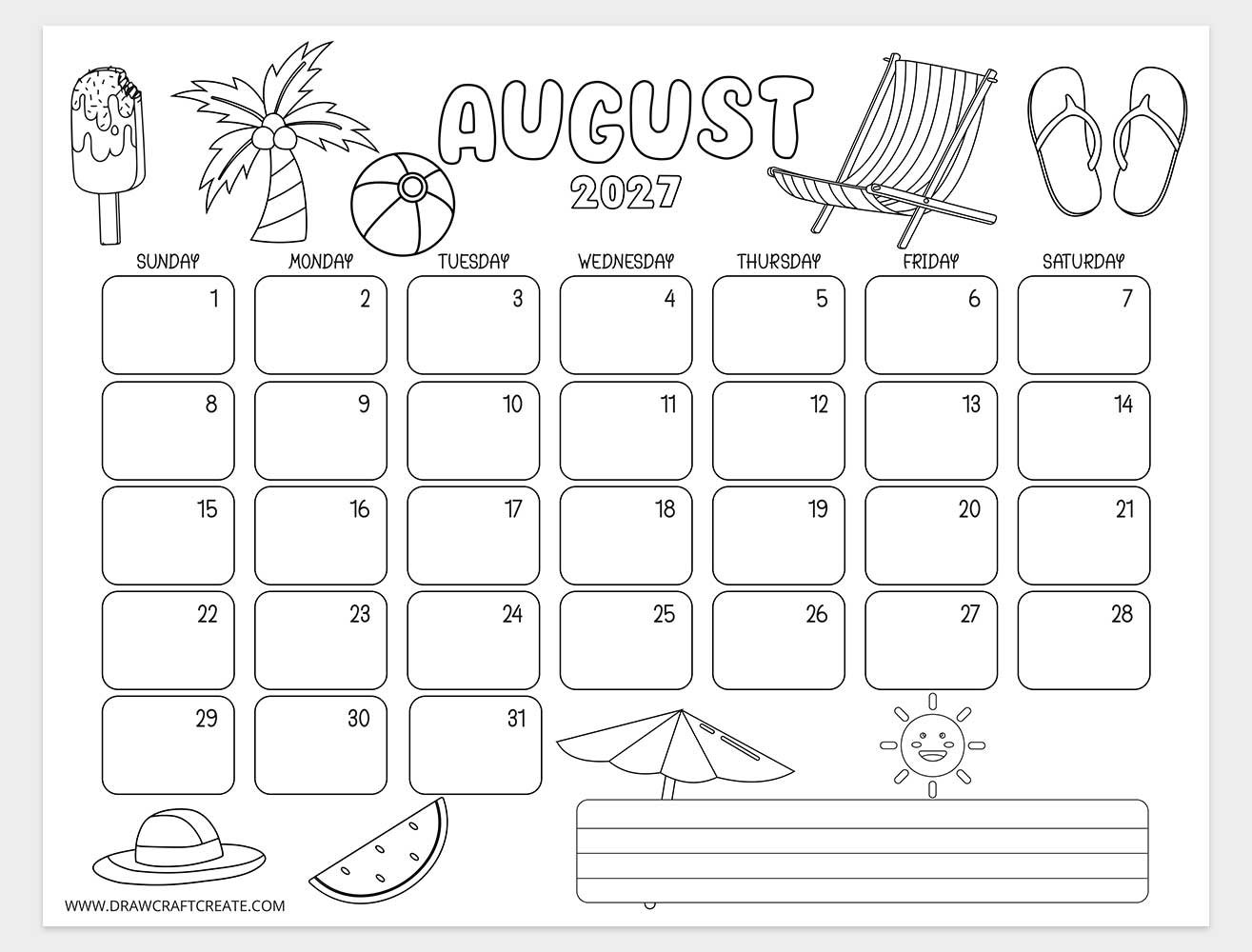 august 2027 kids coloring calendar horizontal