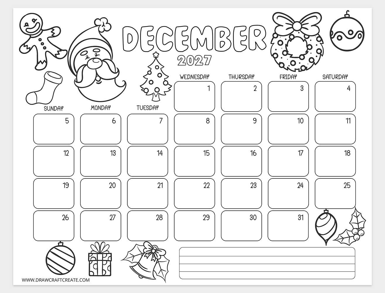 december 2027 kids coloring calendar horizontal