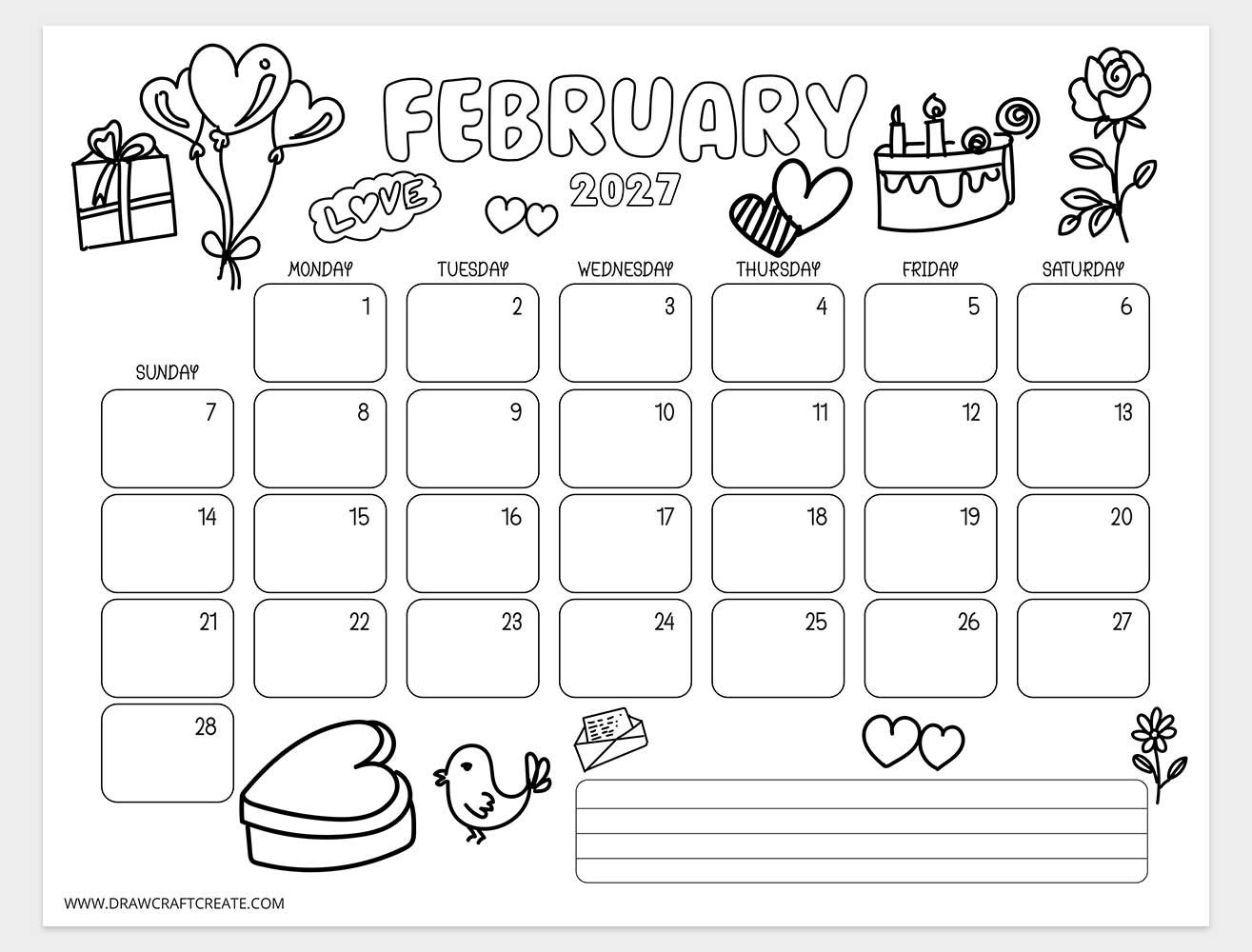 february 2027 kids coloring calendar horizontal
