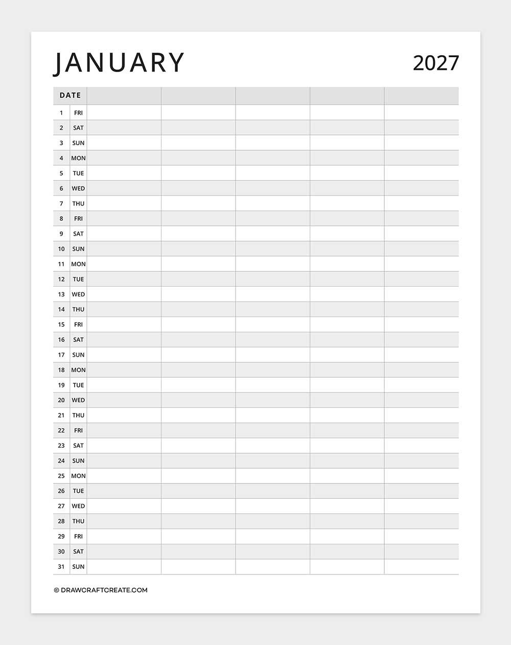 january 2027 family calendar