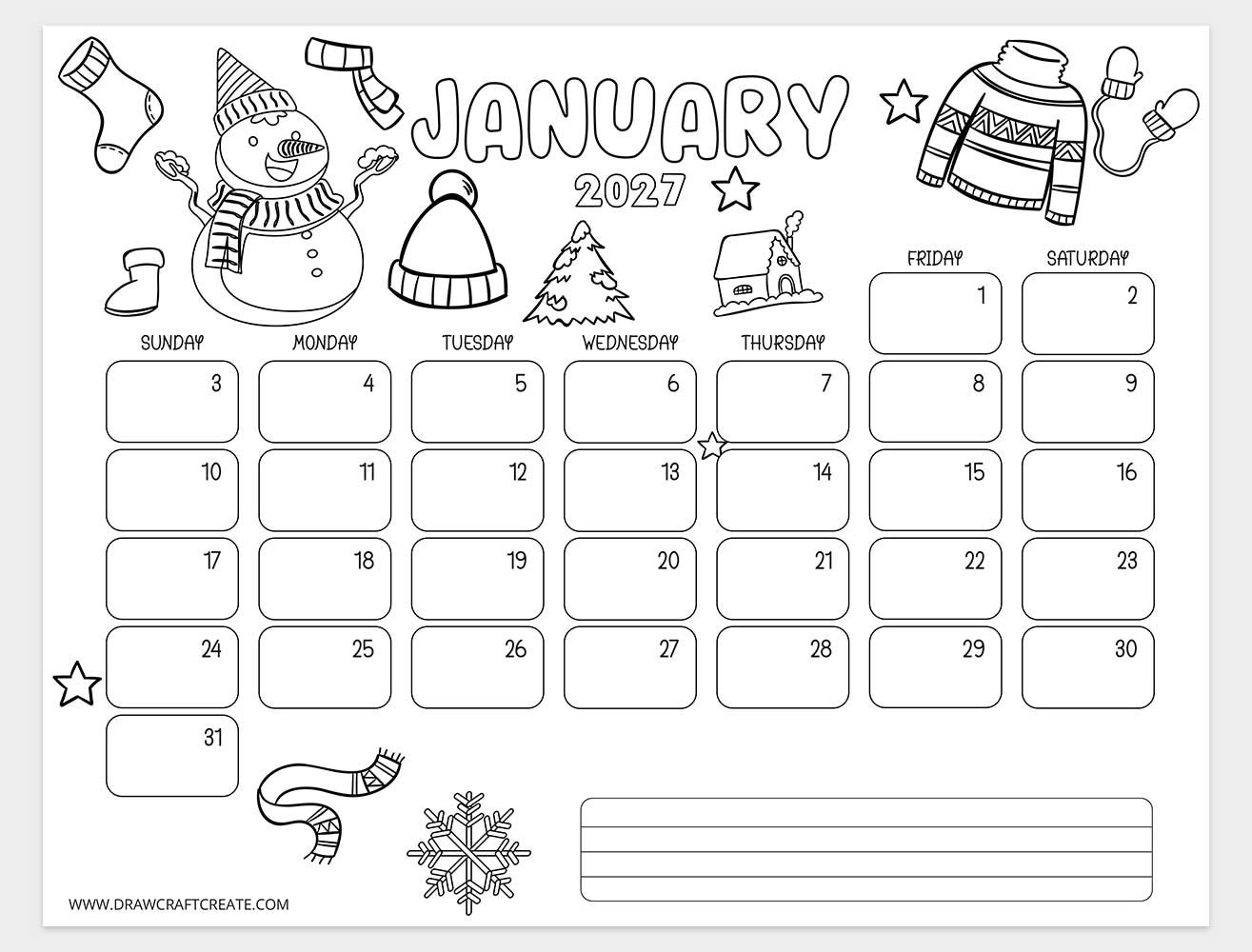 january 2027 kids coloring calendar horizontal