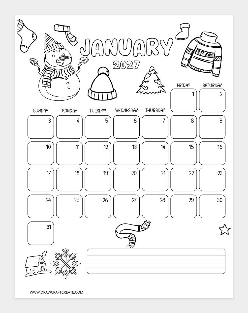 january 2027 kids coloring calendar vertical