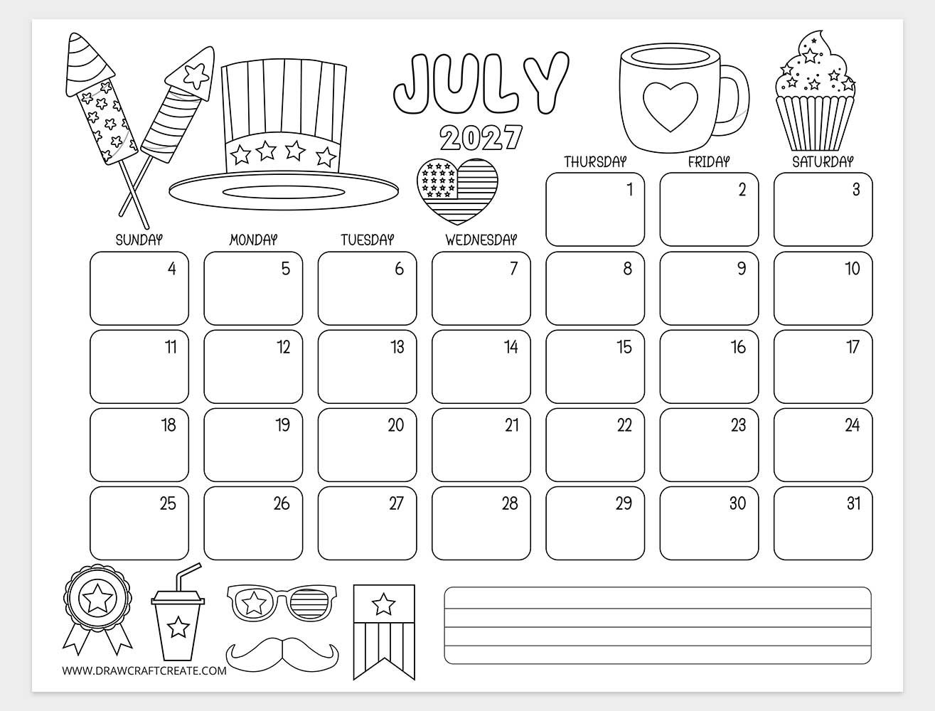 july 2027 kids coloring calendar horizontal