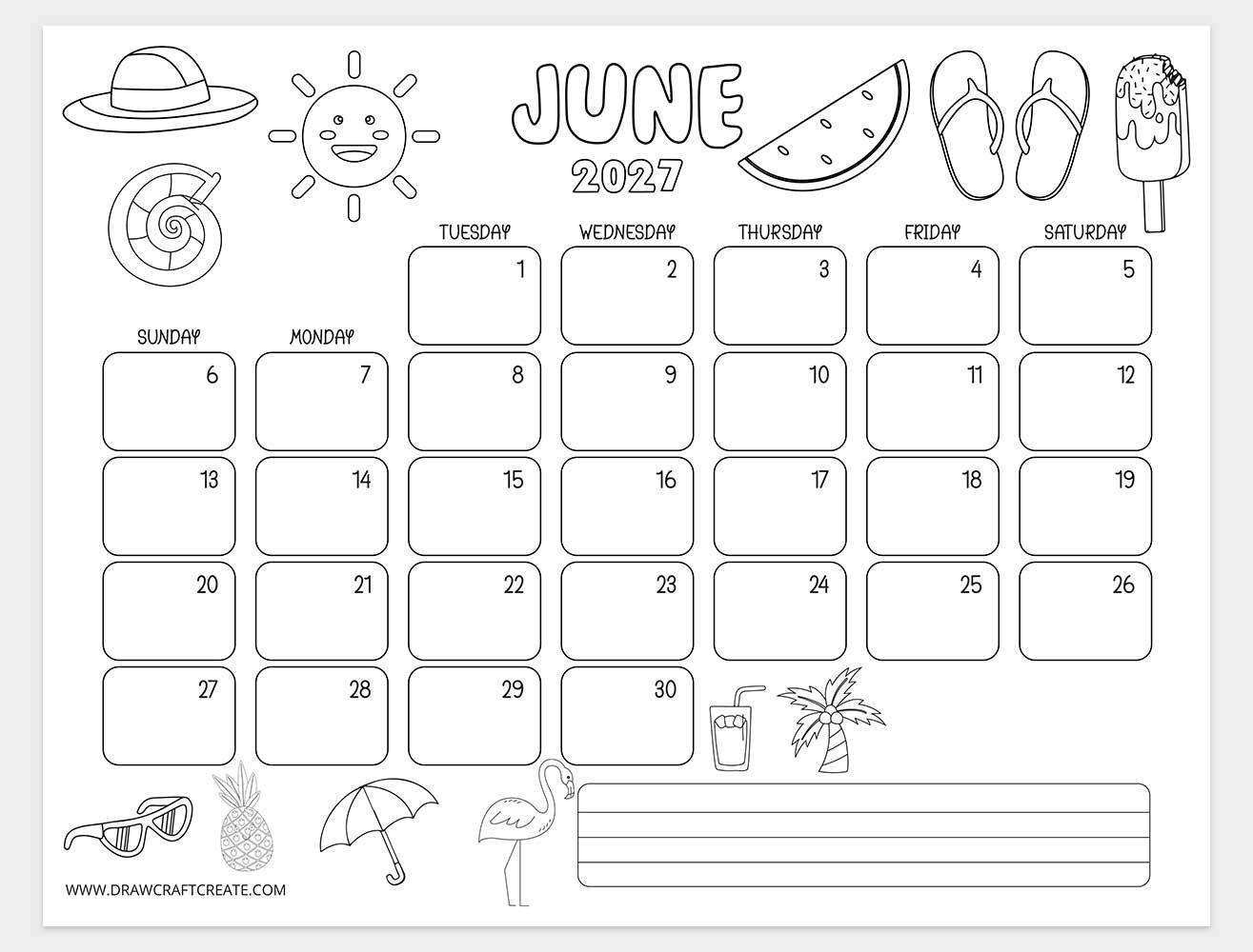 june 2027 kids coloring calendar horizontal
