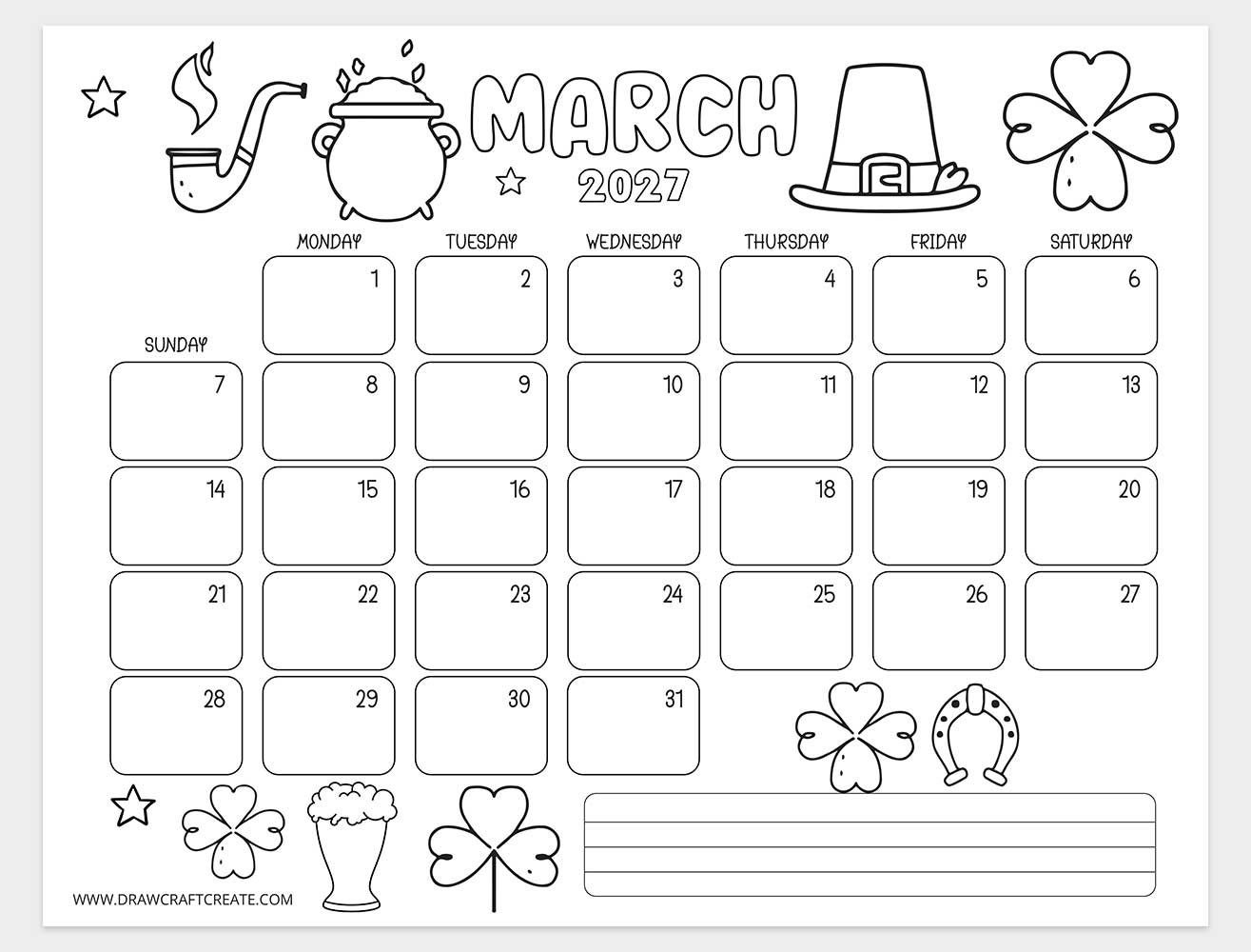 march 2027 kids coloring calendar horizontal