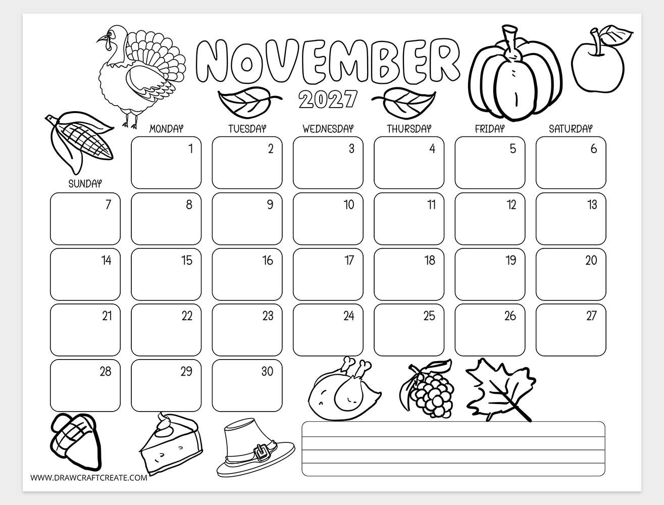 november 2027 kids coloring calendar horizontal