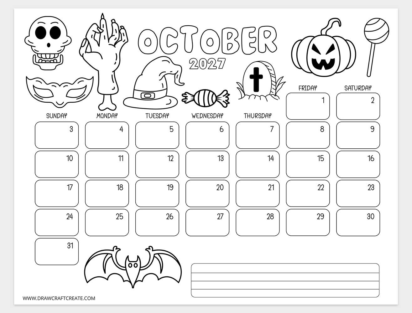 october 2027 kids coloring calendar horizontal