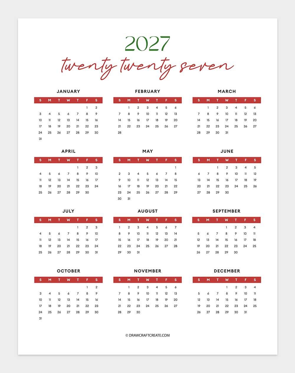 printable 2027 calendar