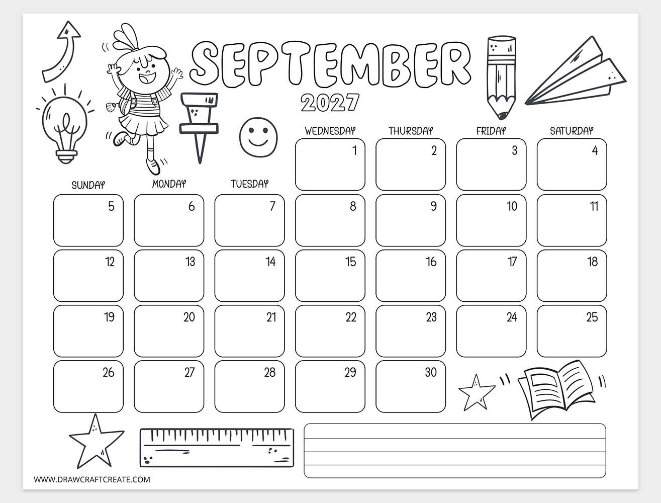 september 2027 kids coloring calendar horizontal